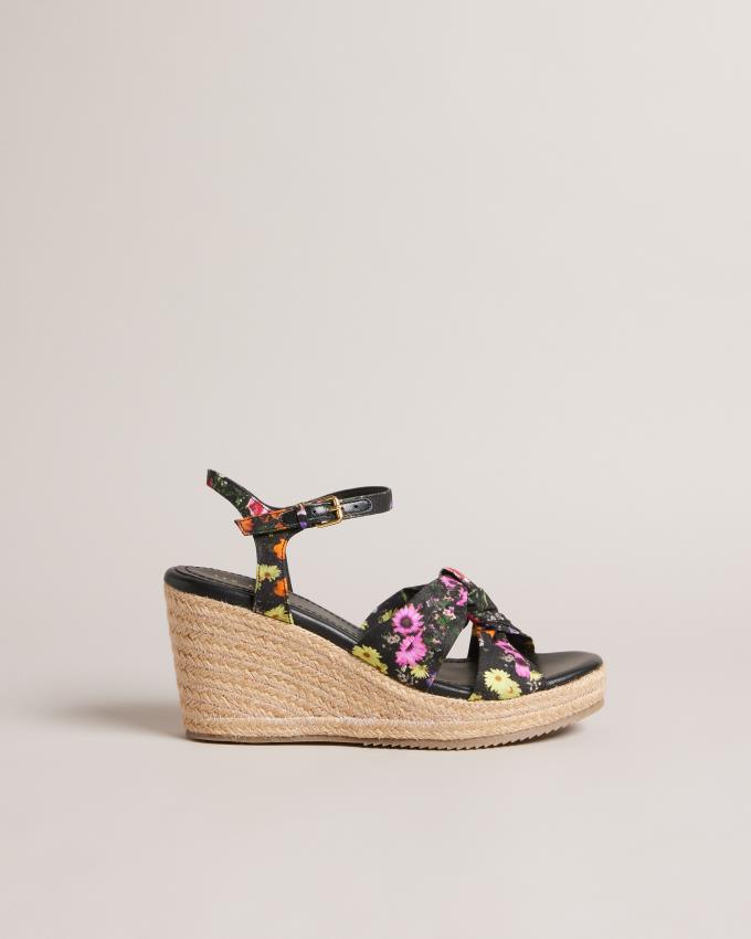 Chaussures à Talons Ted Baker Floral Soft Knot Espadrille Wedges Noir Femme | PZZ-64645638